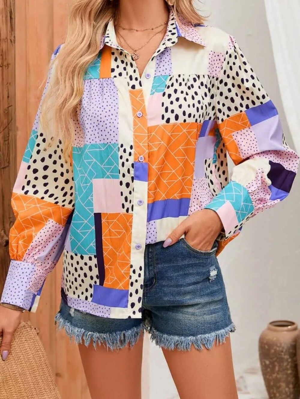 0Fate Long Sleeve Patchwork Blouse size Medium